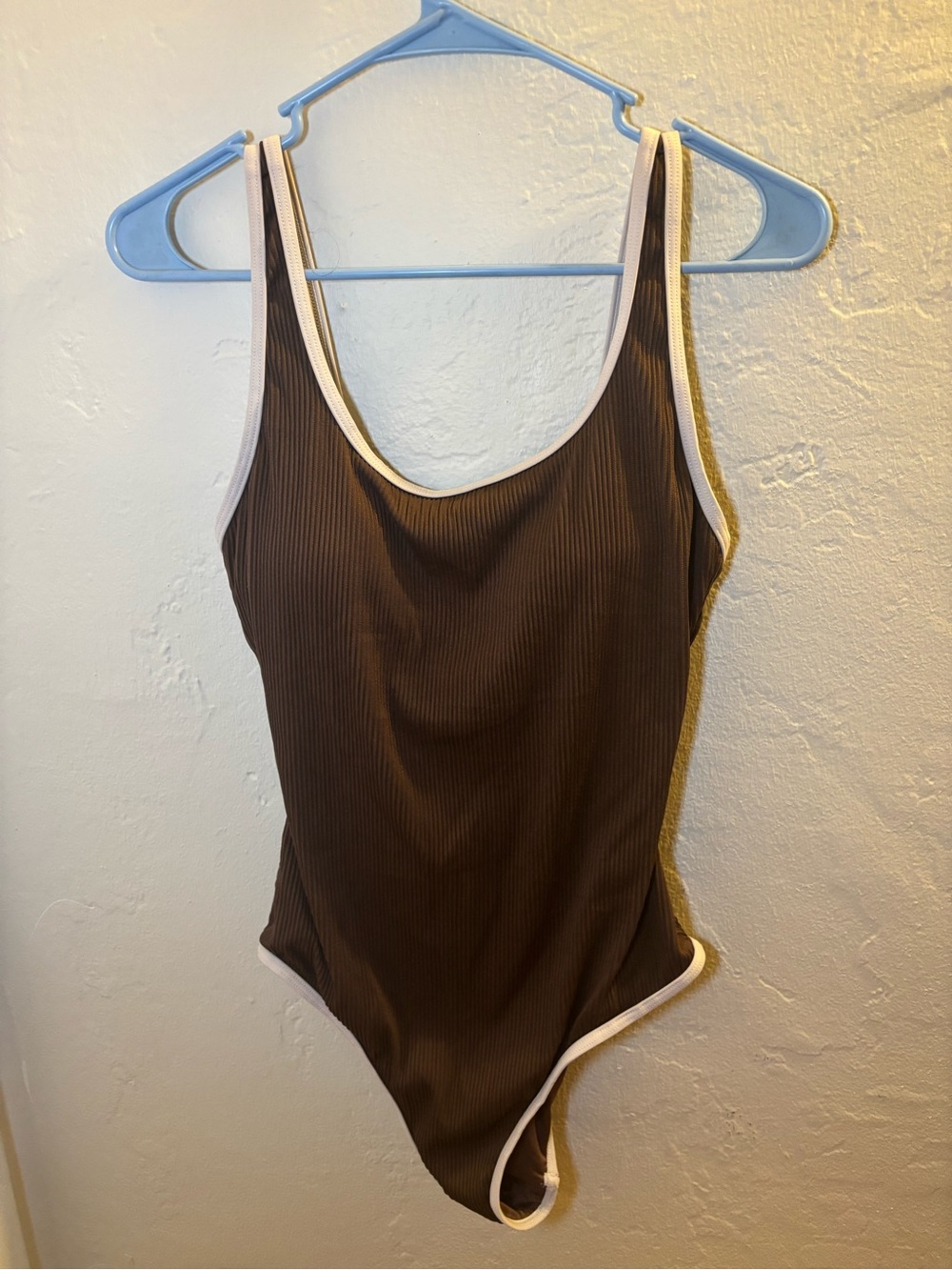 Brown Ribbed One-Piece Swimsuit with Contrast Trim
